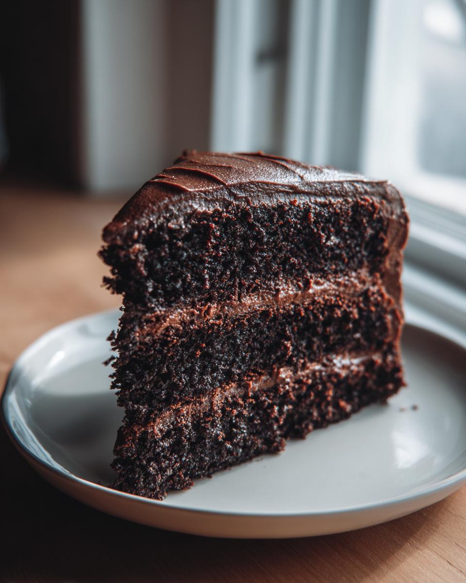 A tall, moist slice of homemade chocolate cake with thick layers of dark chocolate frosting served on a light plate.