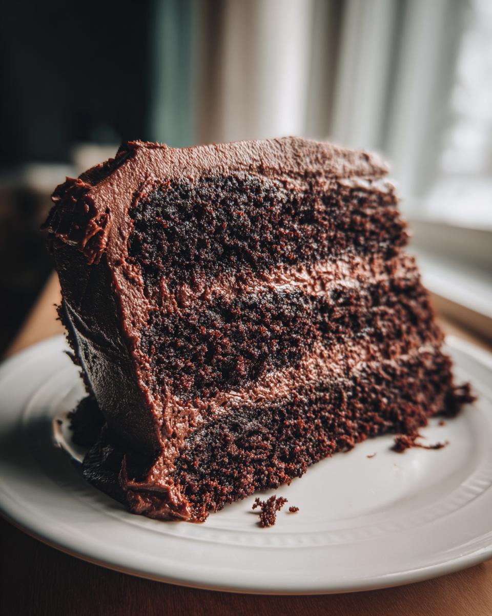 A thick, decadent slice of homemade chocolate cake with three layers and rich chocolate frosting.