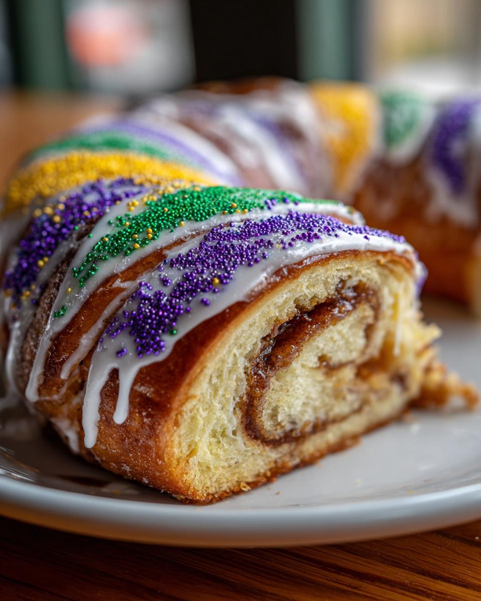 Close-up of a slice of homemade king cake showing cinnamon swirl filling, white icing, and purple, green, and yellow sprinkles.