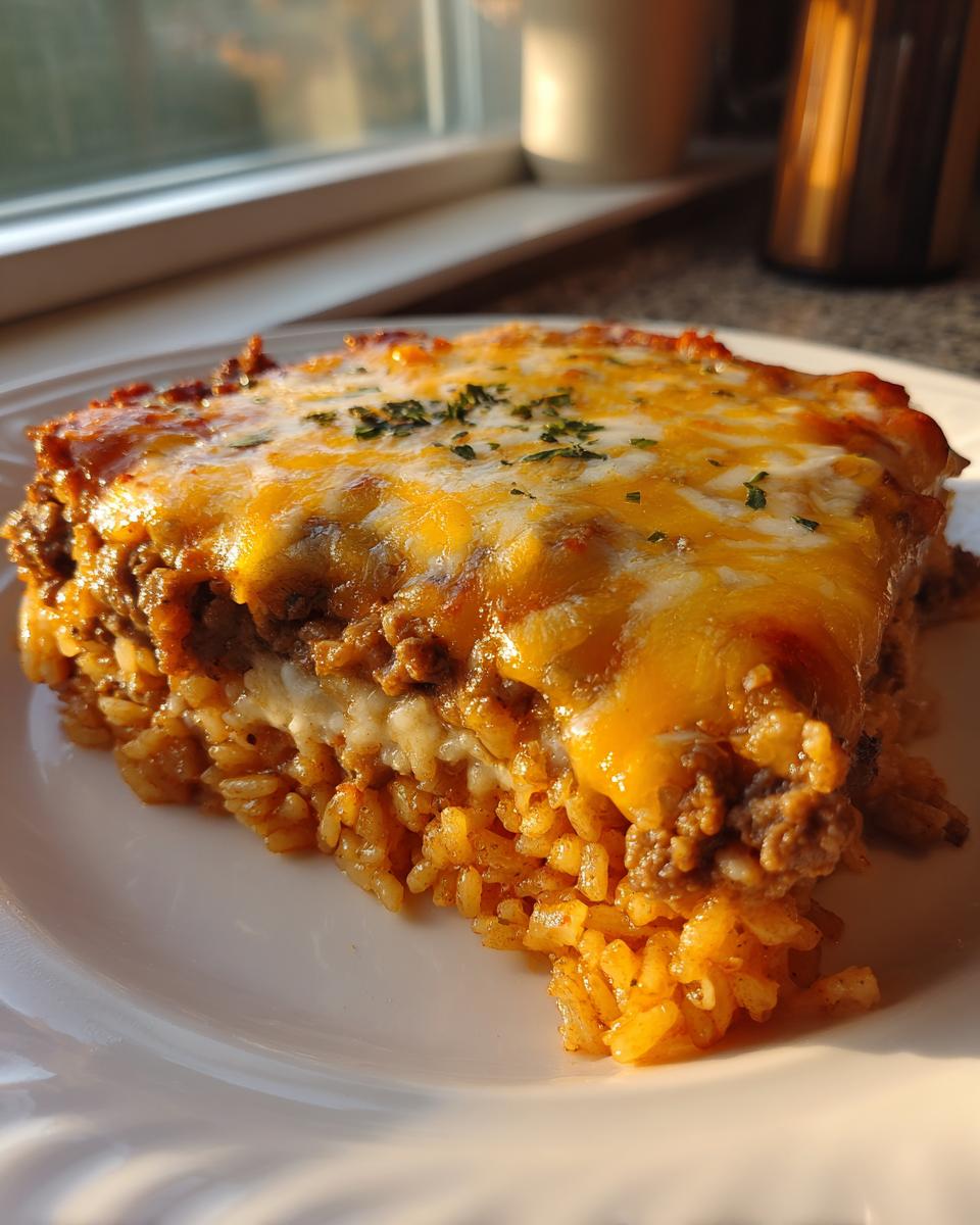A close-up slice of baked mexican rice casserole featuring seasoned rice, ground meat, and a thick layer of melted cheddar cheese.