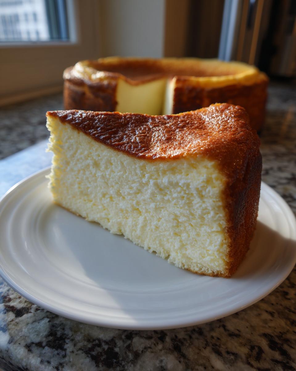 A thick slice of fluffy New York cheesecake with a deeply browned top resting on a white plate.