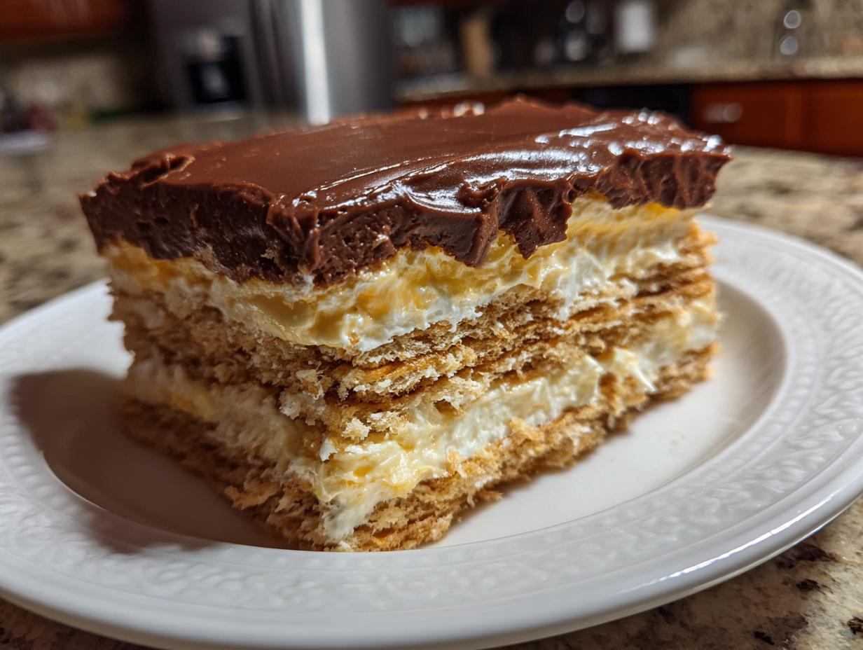 Close-up of a layered slice of no bake eclair cake featuring graham crackers, vanilla cream, and rich chocolate frosting.