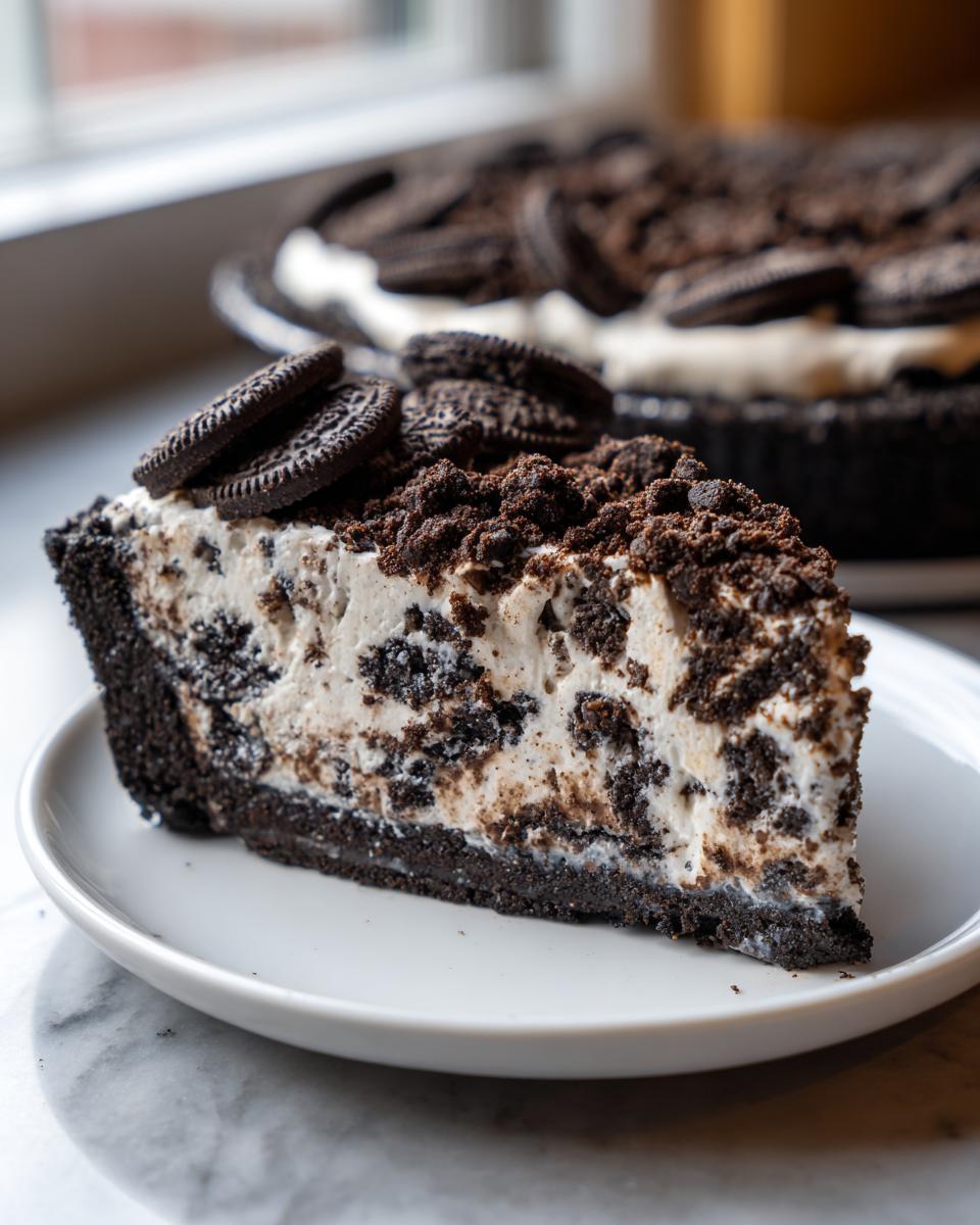 Close-up of a decadent slice of no bake oreo pie showing the dark crust, creamy filling mixed with cookie pieces, and topped with crumbs and whole cookies.
