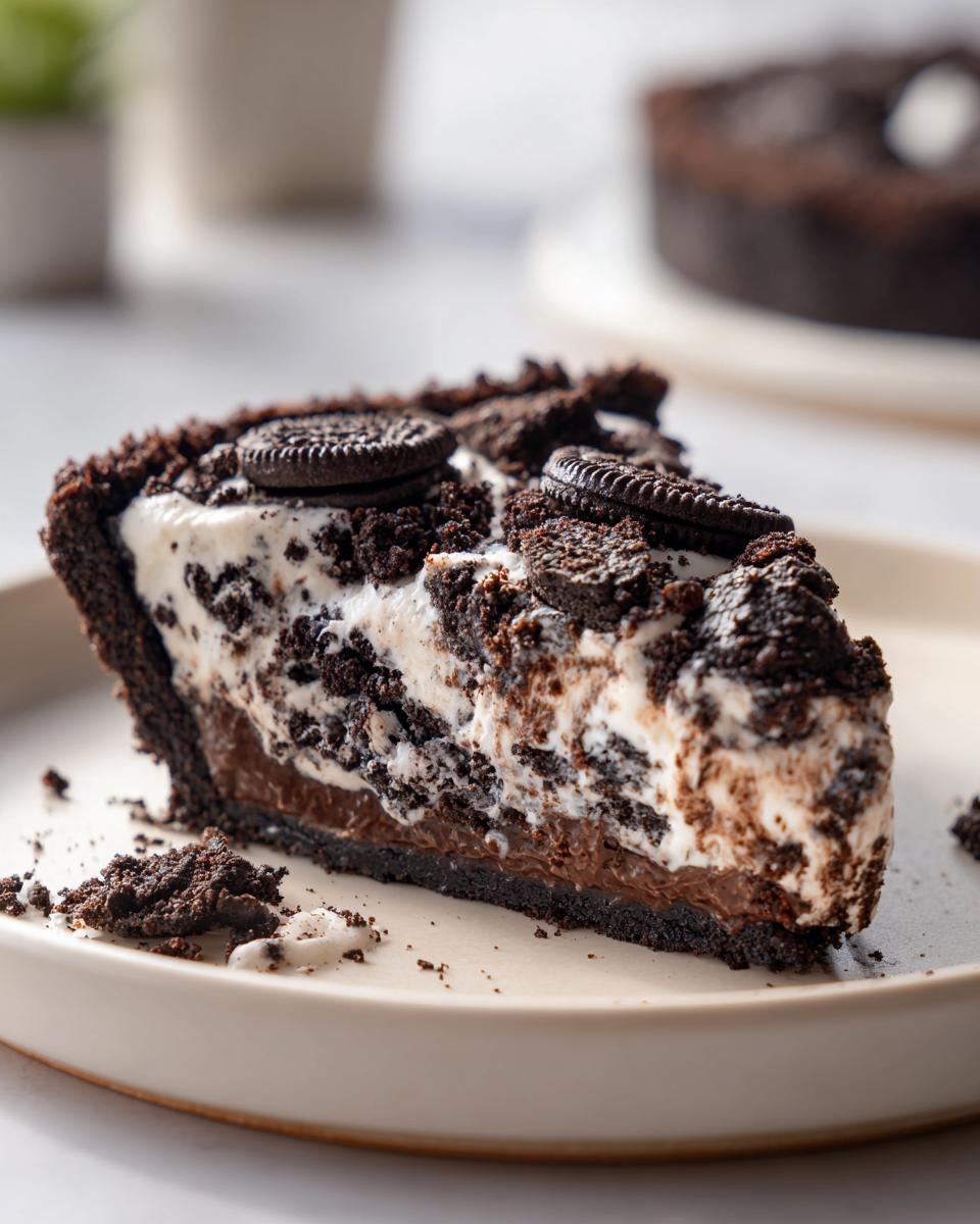 A close-up slice of no bake oreo pie featuring a dark crust, chocolate layer, and creamy white filling topped with cookie pieces.