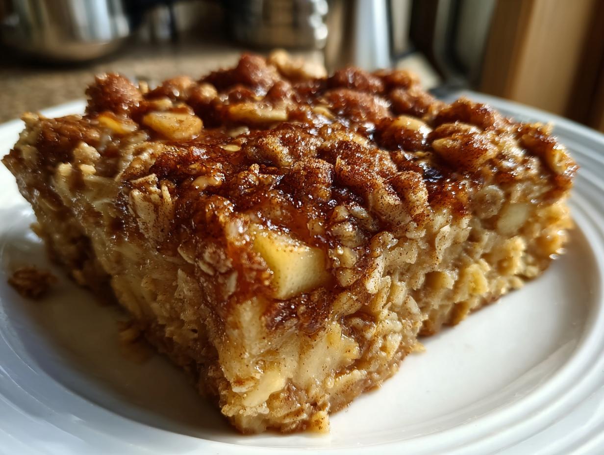 Close-up of a square slice of moist baked oatmeal topped with cinnamon sugar and nuts.