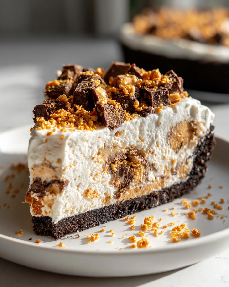 A tall slice of no-bake butterfinger pie with a dark crust, creamy filling, and topped with chopped candy pieces.