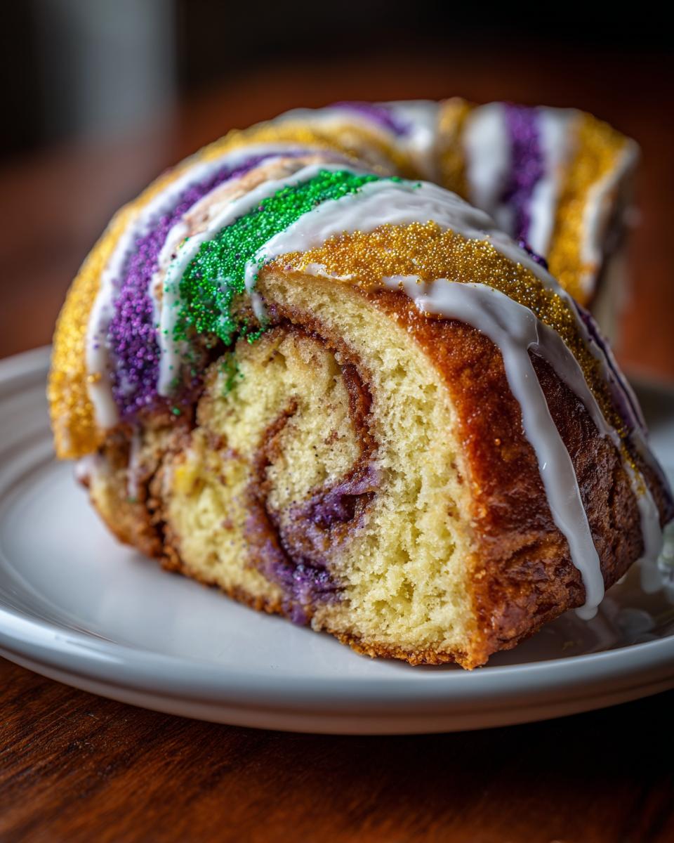 Close-up of a slice of homemade king cake showing the cinnamon swirl interior and traditional purple, green, and gold icing and sprinkles.