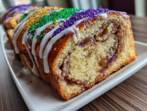 Close-up of a slice of delicious king cake showing the cinnamon swirl inside and topped with white icing and purple, green, and gold sprinkles.