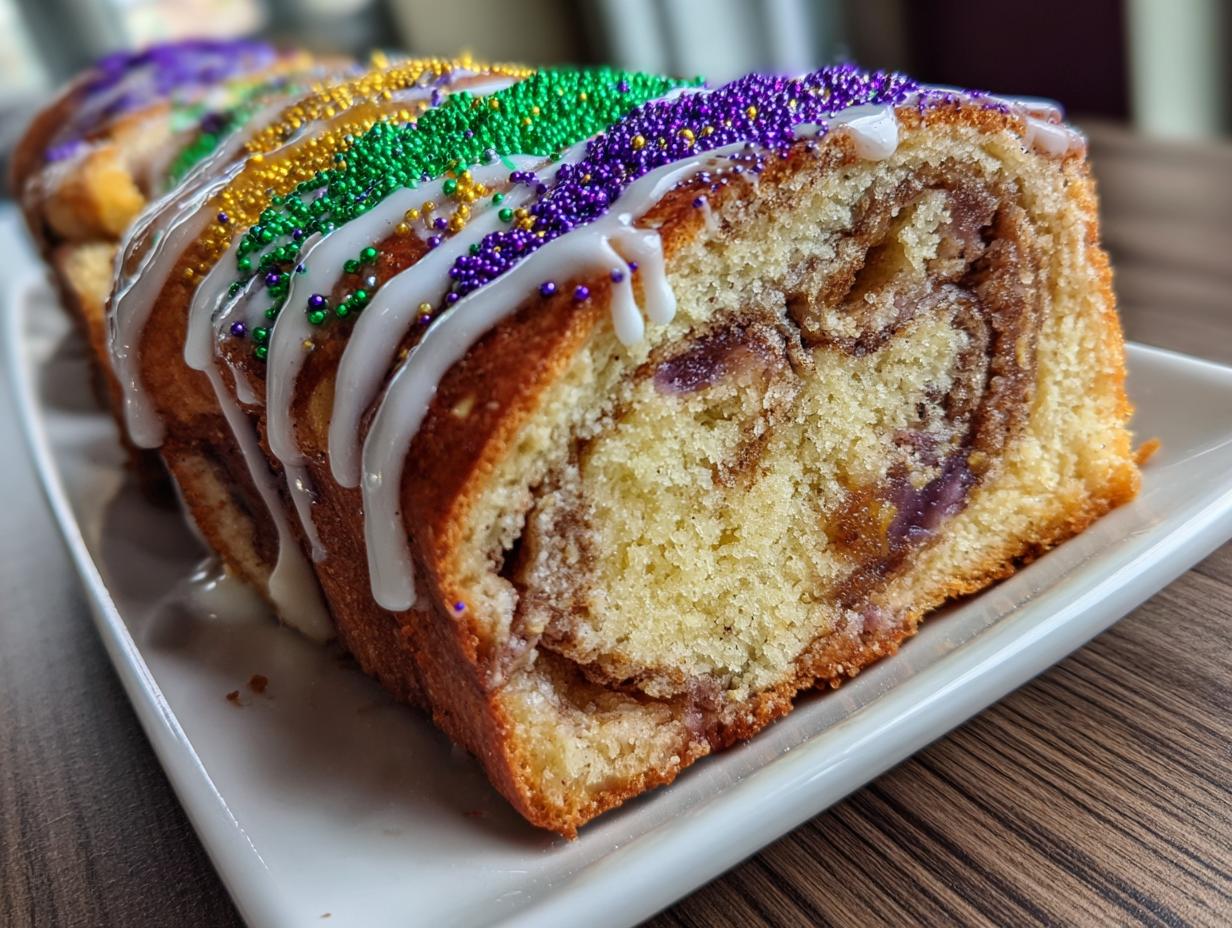 Close-up of a slice of delicious king cake showing the cinnamon swirl inside and topped with white icing and purple, green, and gold sprinkles.
