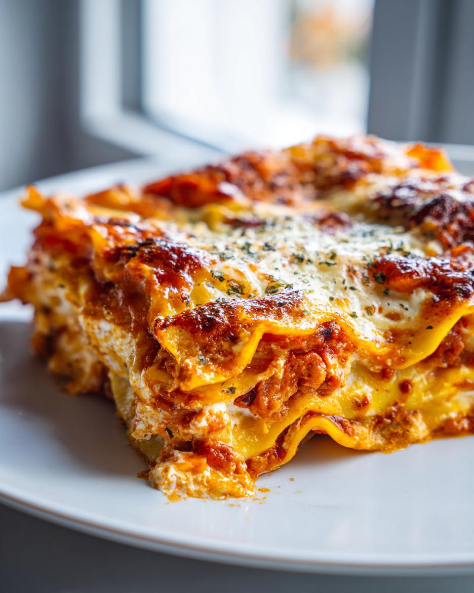 A close-up of a thick, cheesy slice of lazy lasagna with browned edges and herbs on top.