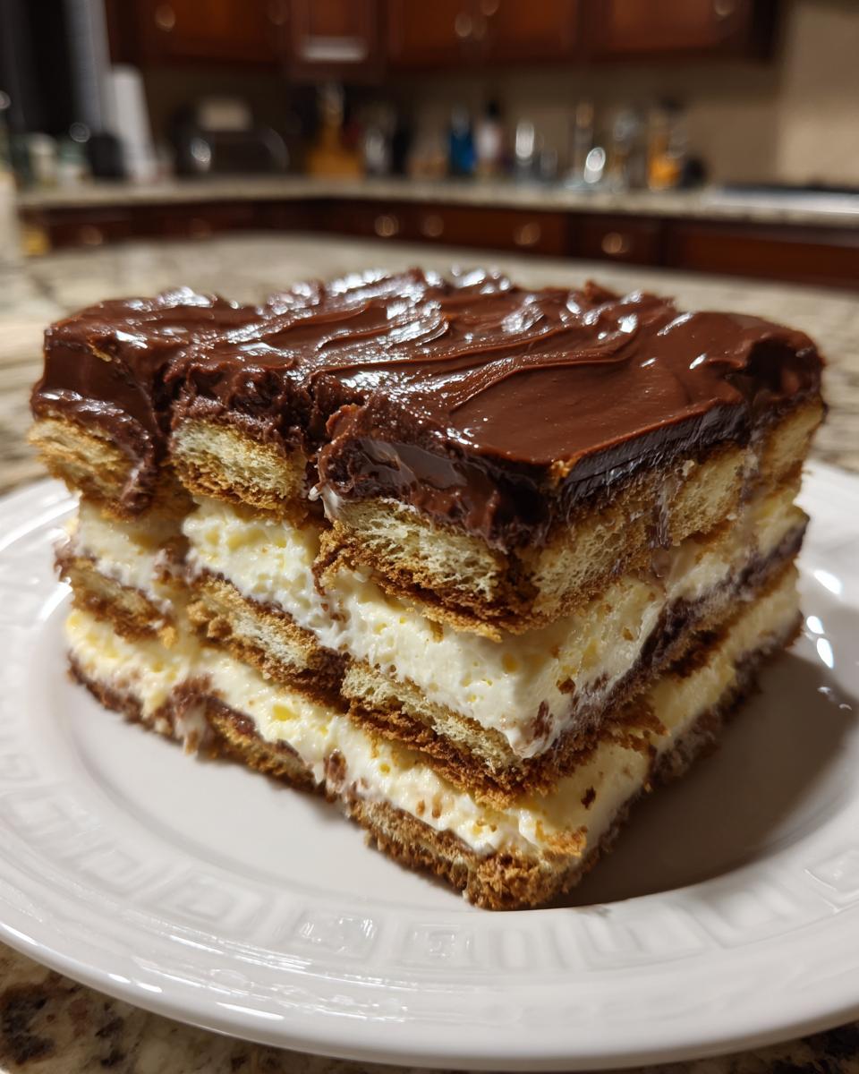 A layered slice of no bake eclair cake featuring graham crackers, creamy filling, and rich chocolate frosting.