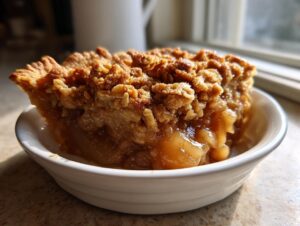 Close-up of a warm slice of pear crisp with a thick, golden brown oat crumble topping served in a small white bowl.
