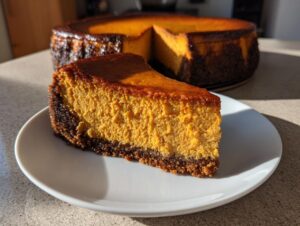 A close-up of a thick slice of bright orange sweet potato cheesecake with a dark crust, set before the rest of the cake.