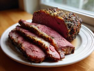 A beautifully cooked rib roast, partially sliced, showing a medium-rare pink center and a savory herb crust.
