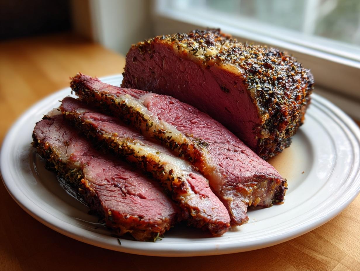A beautifully cooked rib roast, partially sliced, showing a medium-rare pink center and a savory herb crust.