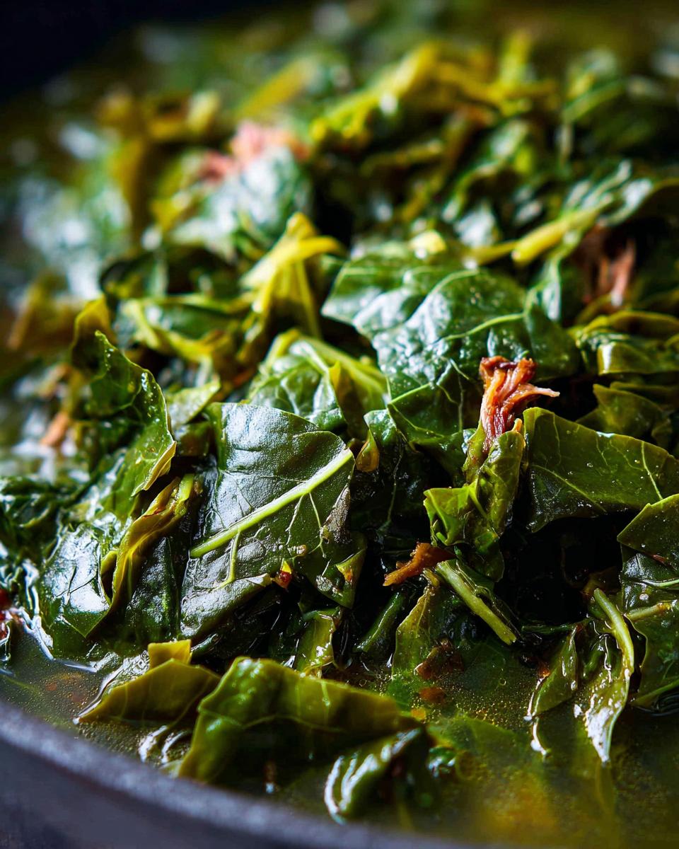 A close-up, rich photo of tender, dark green collard greens simmering in flavorful pot liquor.