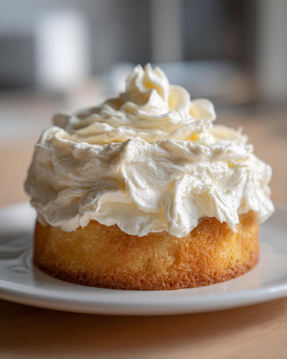 Close-up of a small, golden cake generously topped with swirls of rich vanilla buttercream frosting.