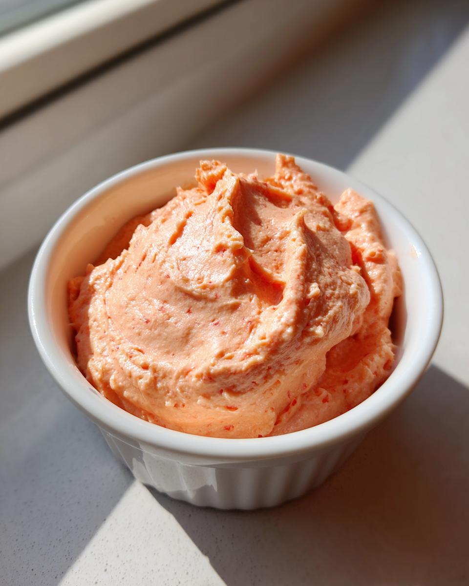 A small white bowl filled with creamy, orange-pink homemade smash burger sauce, highlighted by natural light.
