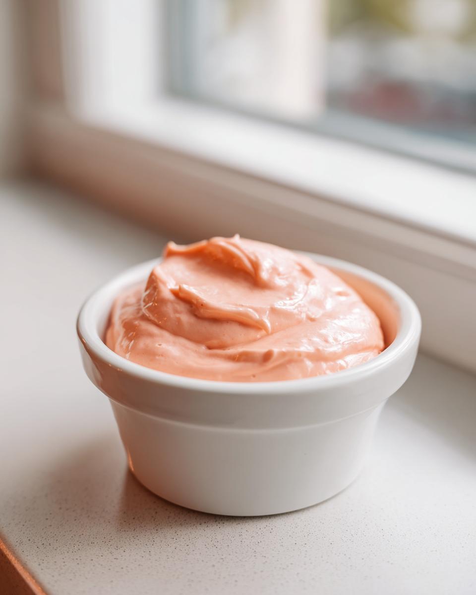 A close-up of creamy, pinkish-orange smash burger sauce served in a small white ramekin.