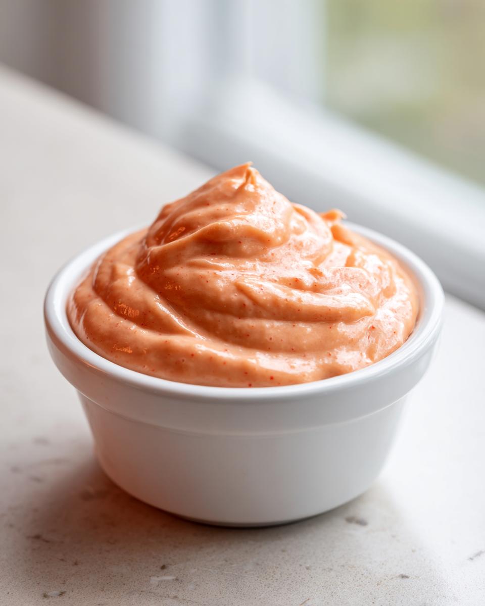 Close-up of creamy, orange-pink smash burger sauce swirled high in a small white ramekin.