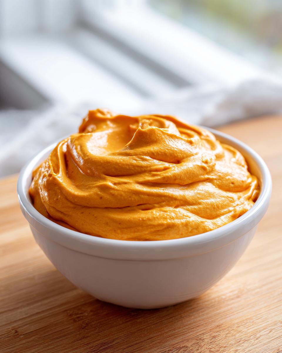 A white bowl filled with rich, creamy, bright orange nacho cheese sauce, swirled attractively.