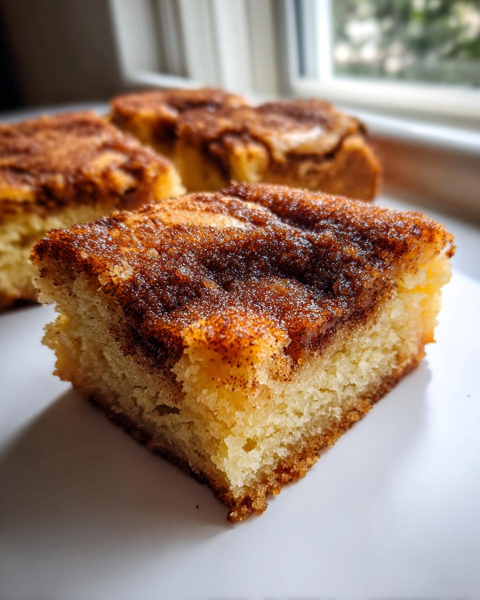 A close-up shot of a square cut snickerdoodle blondies piece showing the soft interior and thick cinnamon-sugar topping.