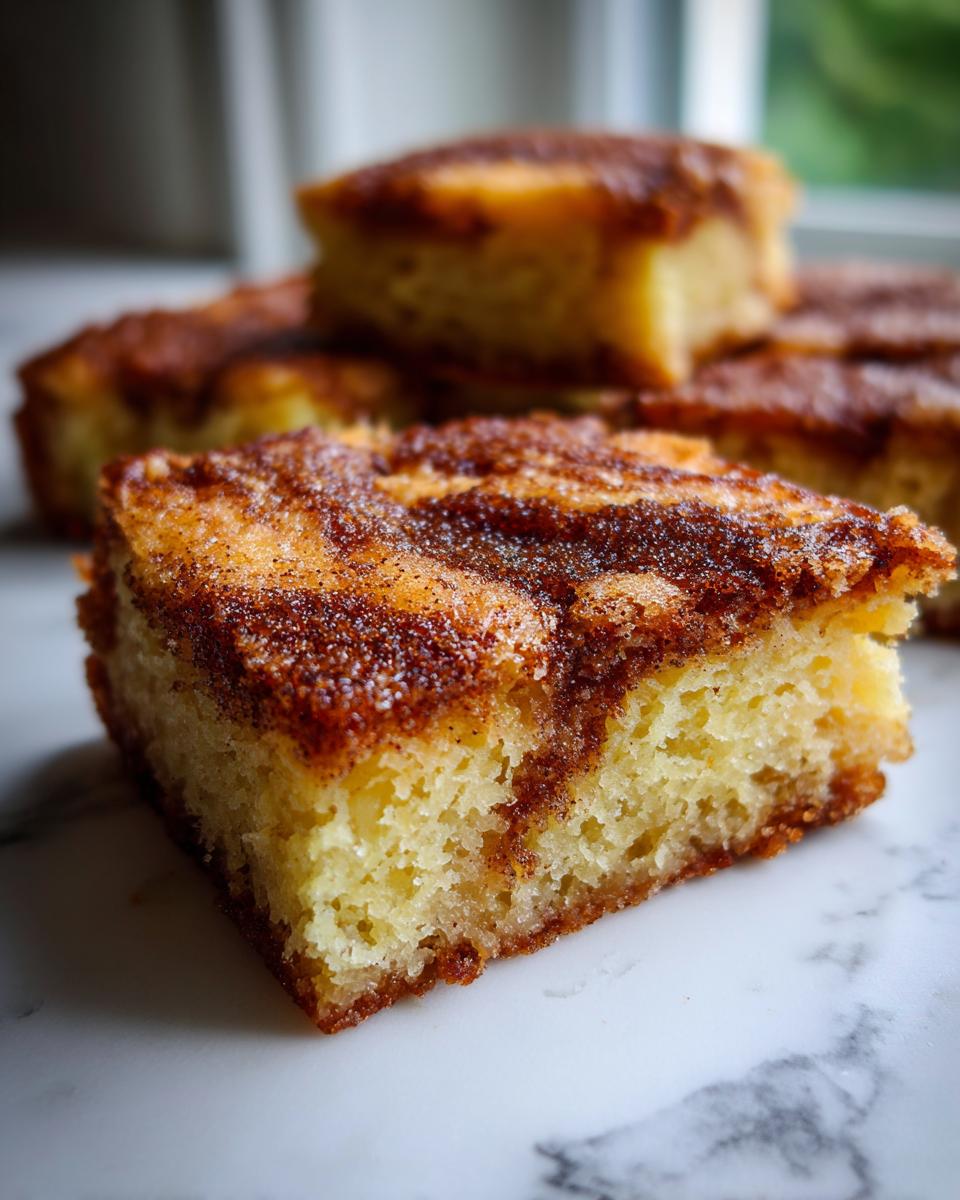 A close-up shot of a square piece of snickerdoodle blondies showing the moist, yellow interior and a thick, sugary cinnamon swirl topping.