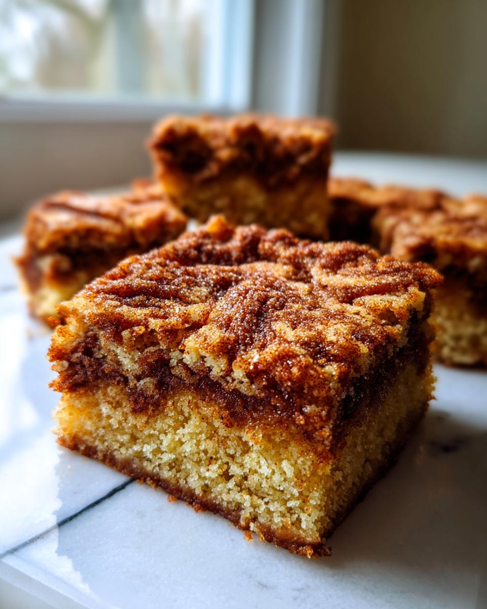 A close-up of a square snickerdoodle blondies piece showing the dense, light base and thick cinnamon sugar topping.