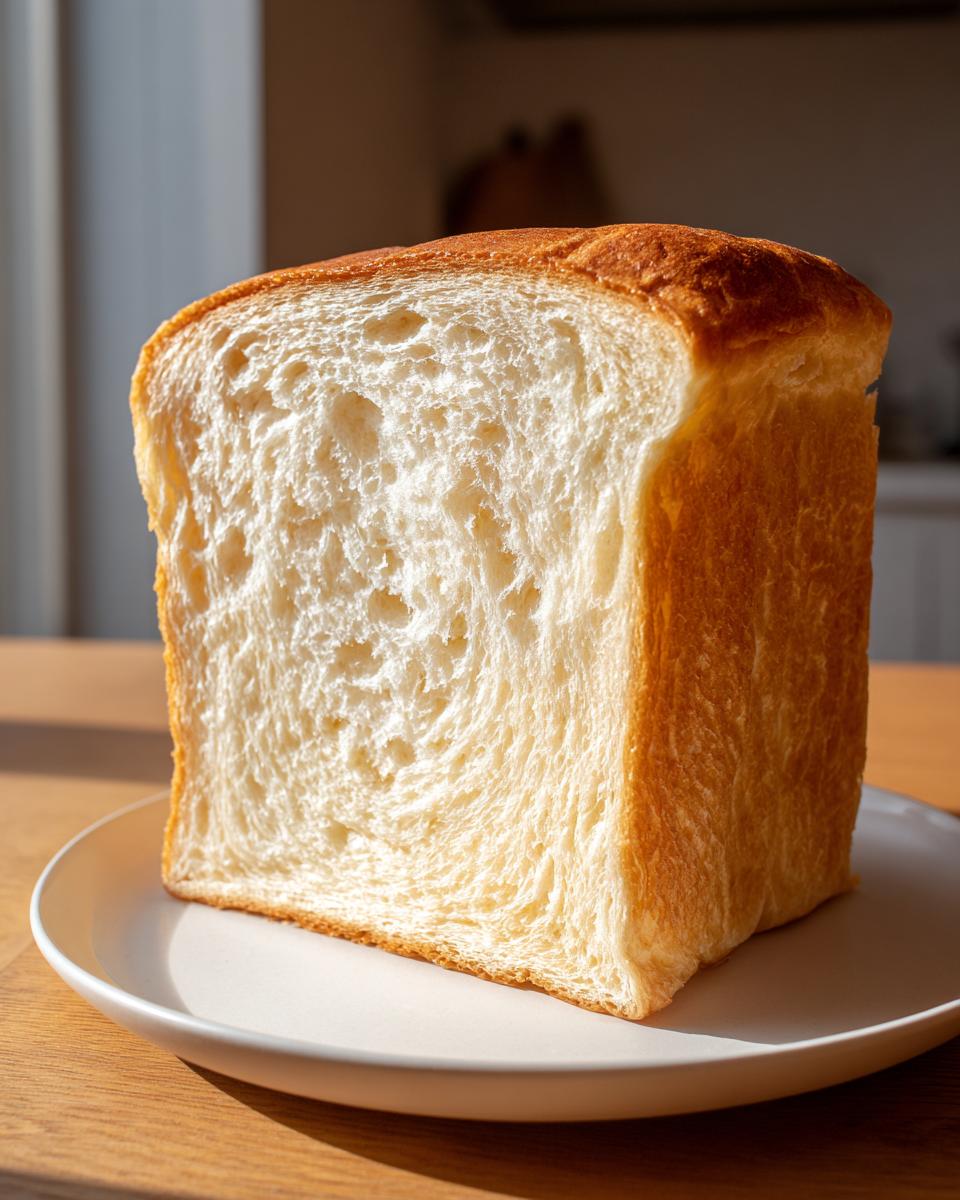 A thick, perfectly baked slice of incredibly soft milk bread showing its fluffy white interior and golden brown crust.