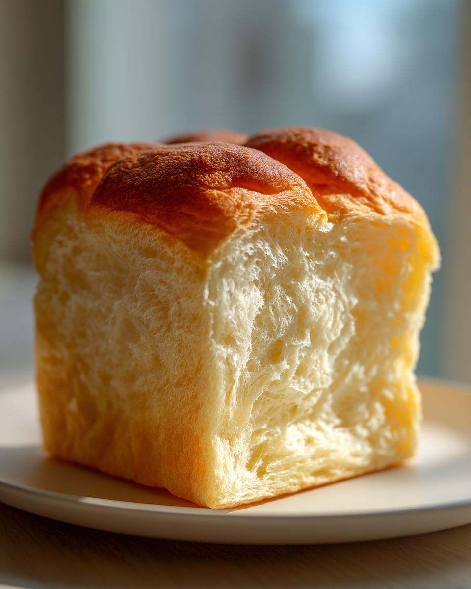 Close-up of a fluffy, square slice of golden-brown milk bread showing its incredibly soft, shredded interior texture.