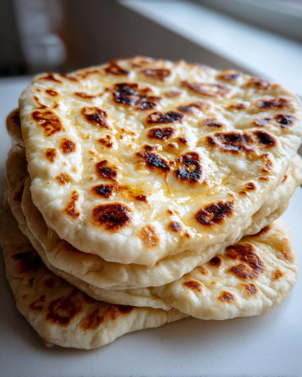 A close-up stack of four soft, golden naan bread recipe pieces, glistening with butter and featuring charred spots.
