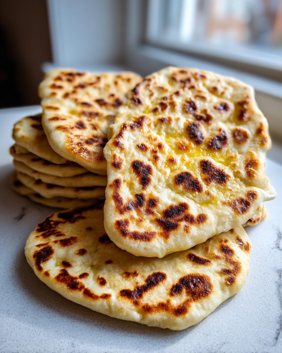 A stack of soft, freshly cooked naan bread, brushed with butter and showing characteristic charred spots.