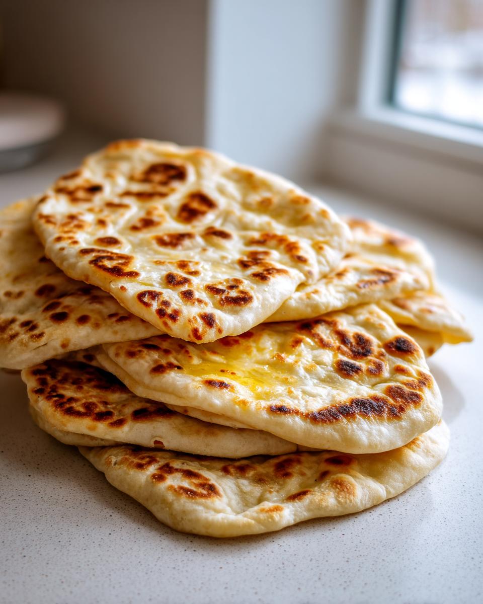 A stack of freshly made, soft naan bread recipe pieces with golden brown charred spots, resting on a light countertop.