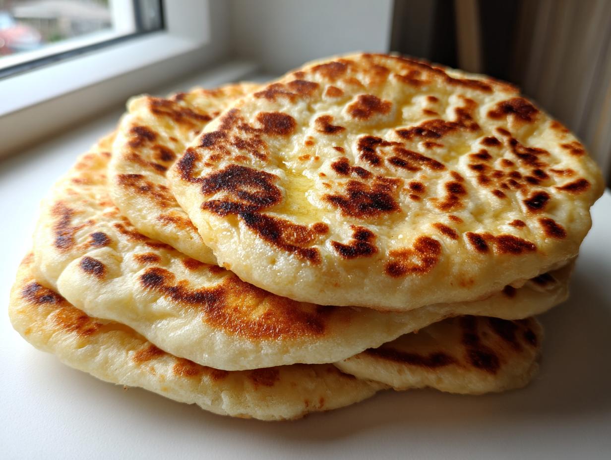 A stack of four freshly cooked, soft naan bread rounds with golden-brown charred spots, lightly brushed with butter.
