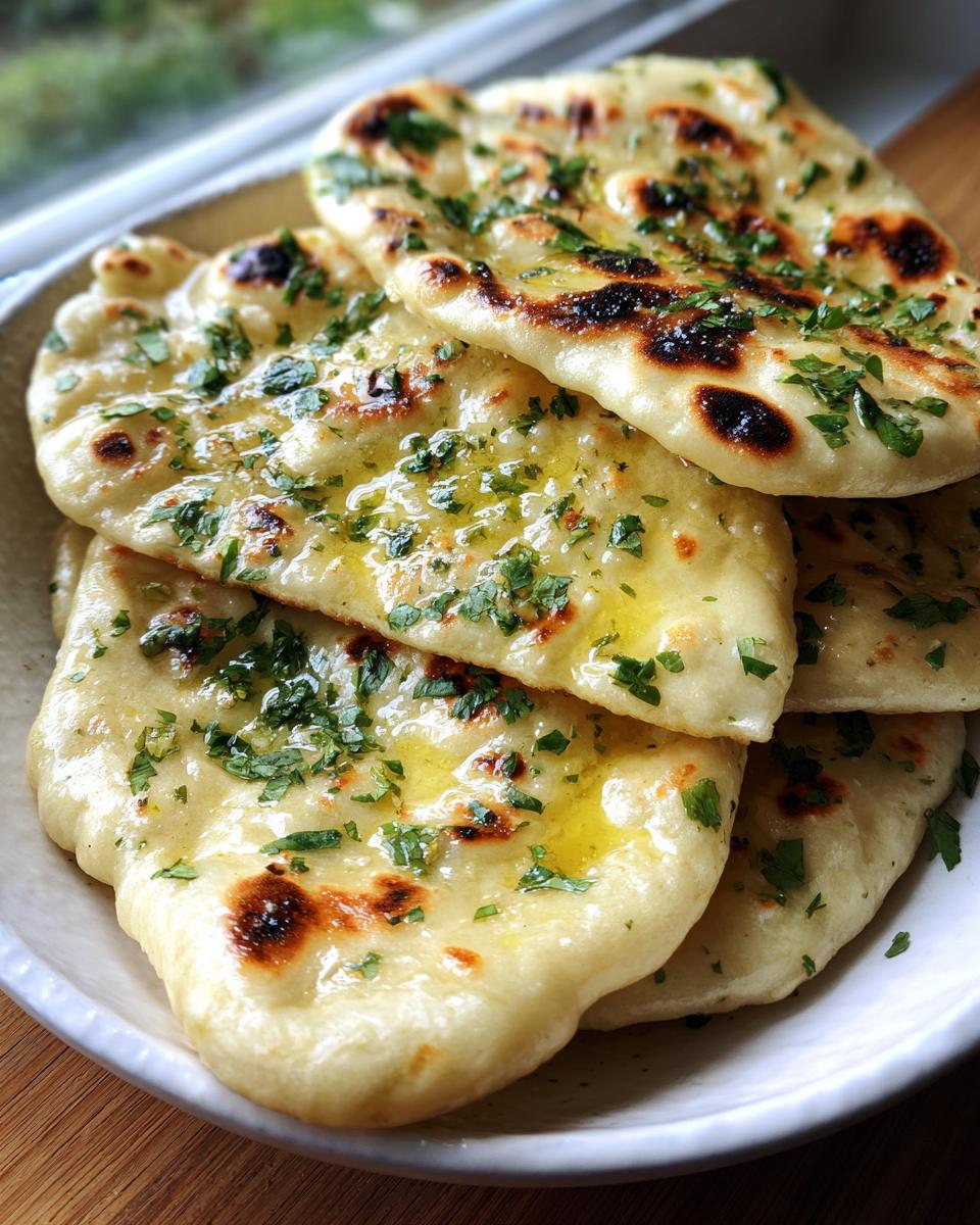 A stack of freshly made, soft naan bread brushed with melted butter and topped with chopped green herbs.