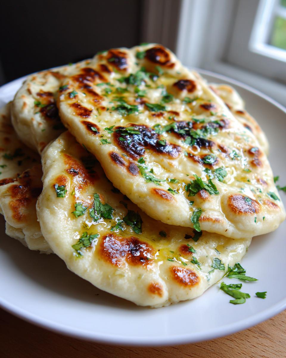 A stack of freshly made, soft skillet naan bread brushed with butter and sprinkled with chopped cilantro.