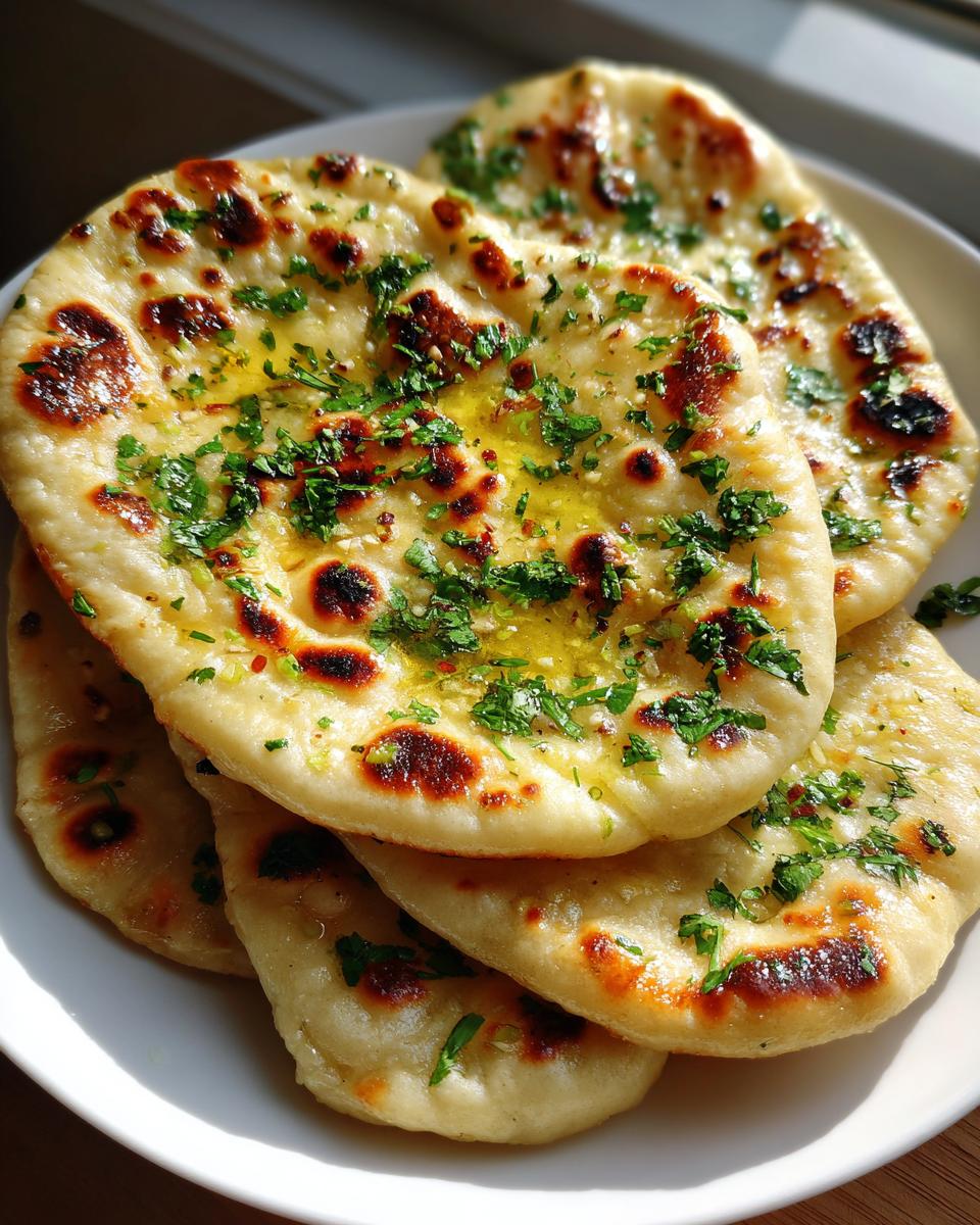 A stack of freshly made, soft skillet naan bread brushed with melted butter and topped with chopped fresh cilantro.