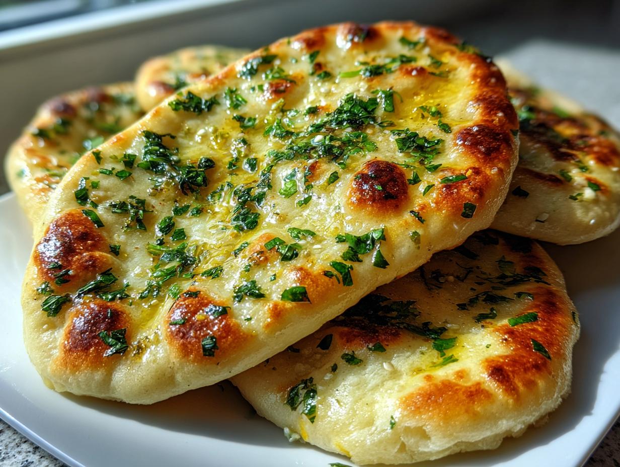 Close-up of several pieces of soft, golden-brown naan bread brushed with melted butter and topped with fresh chopped parsley.