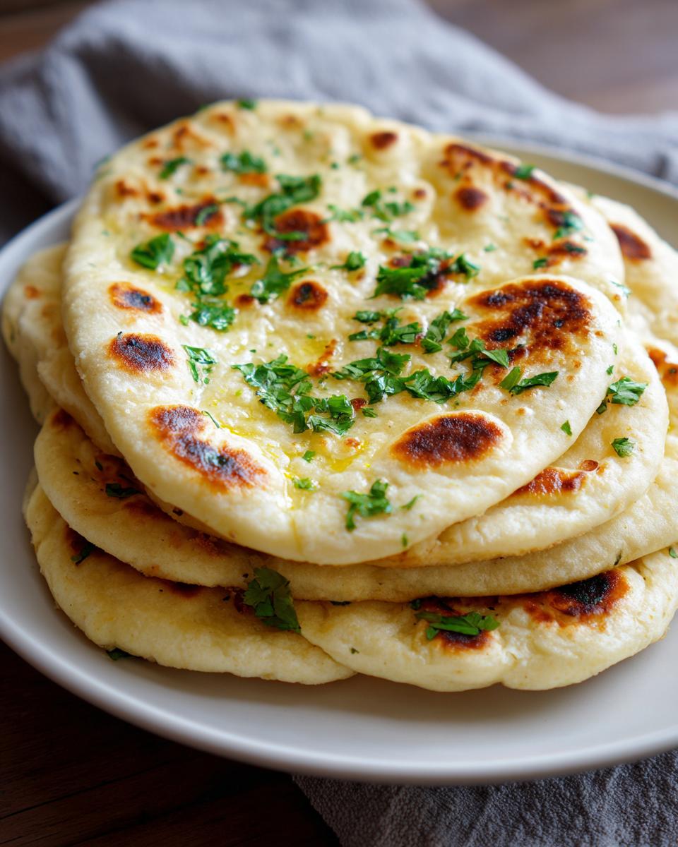 Close-up of a stack of soft, freshly made naan bread brushed with butter and topped with chopped cilantro.