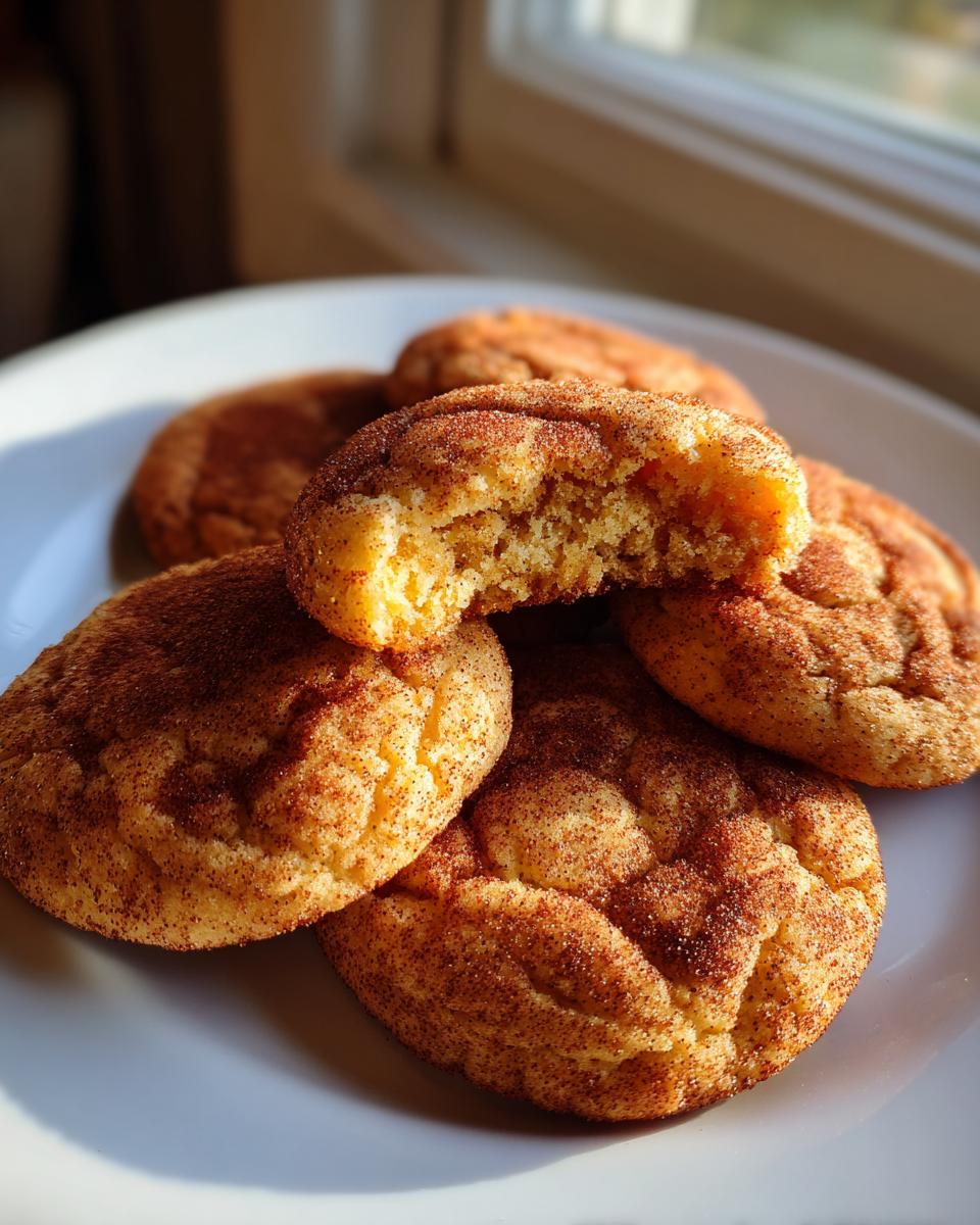 A stack of soft snickerdoodles, one broken open to show the chewy interior, coated heavily in cinnamon sugar.