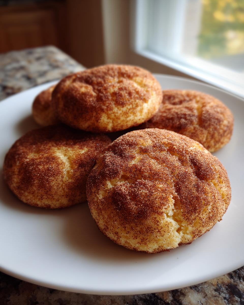 A close-up photo of four soft snickerdoodles, generously coated in cinnamon sugar, resting on a white plate near a window.