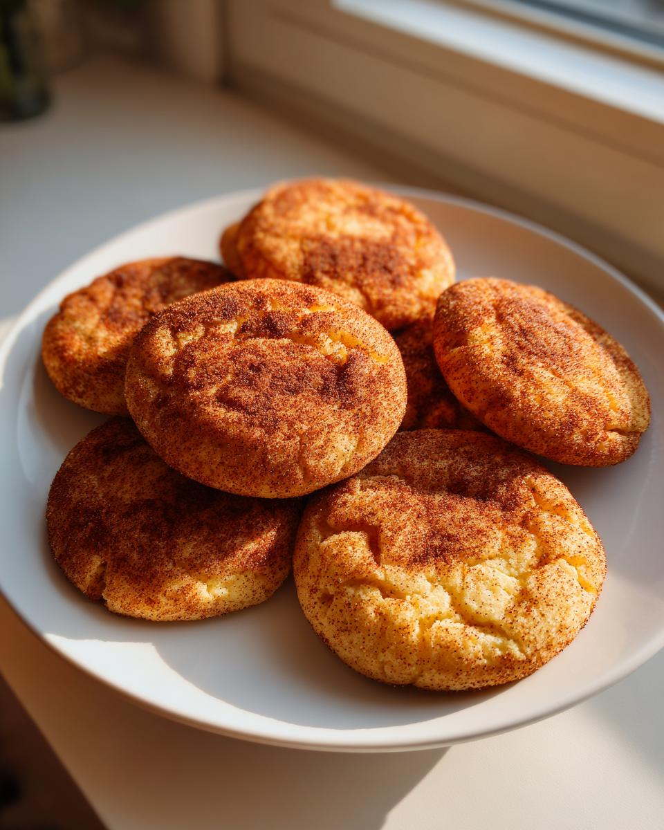 A stack of freshly baked, soft snickerdoodles generously coated in cinnamon sugar, resting on a white plate.