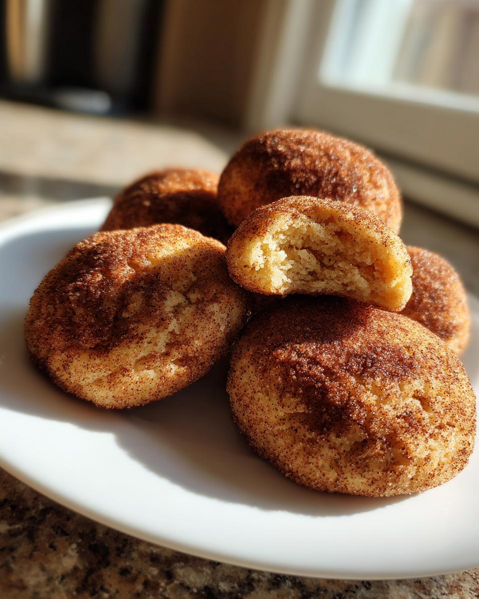 A stack of soft snickerdoodles heavily coated in cinnamon sugar, with one cookie broken open to show the chewy interior.