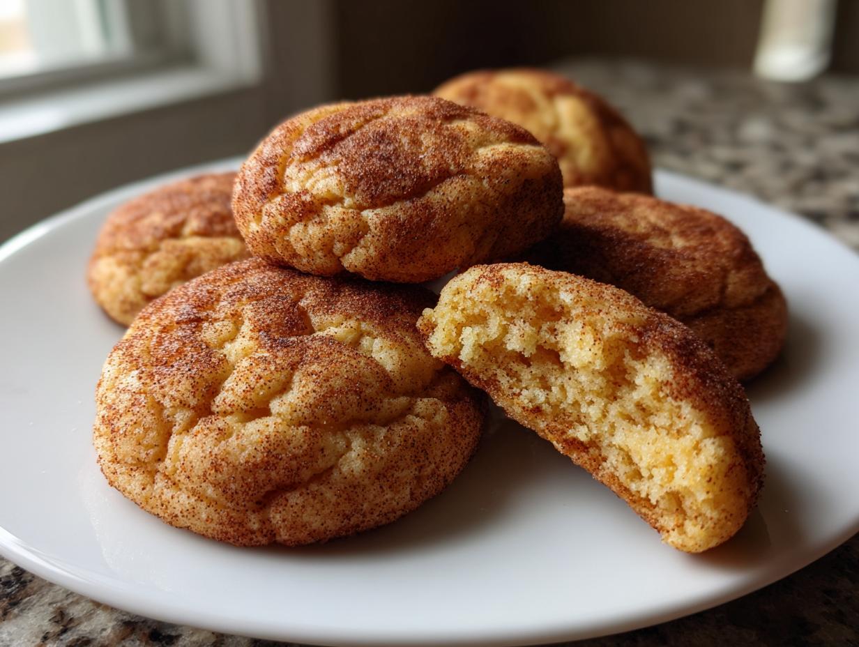 A stack of soft, chewy snickerdoodles coated in cinnamon sugar, with one cookie broken open to show the texture.