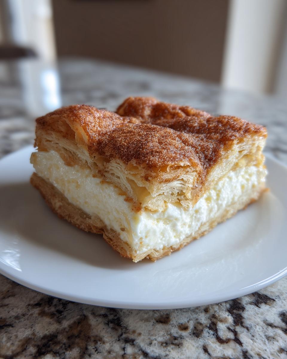 A square slice of sopapilla cheesecake featuring flaky pastry, creamy filling, and a cinnamon sugar crust.