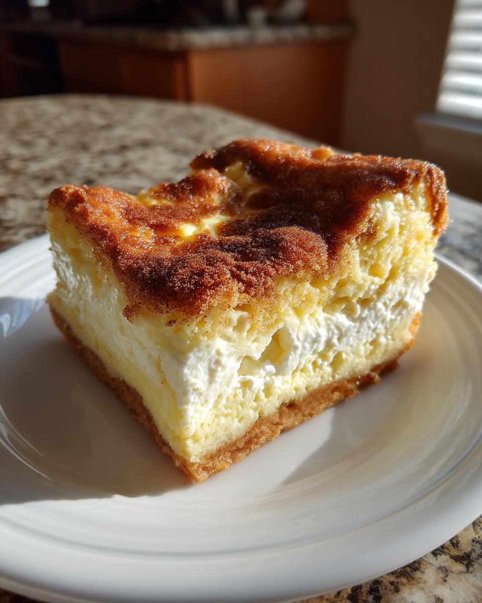 A close-up slice of rich sopapilla cheesecake showing a thick cream cheese layer and a cinnamon-sugar crust.