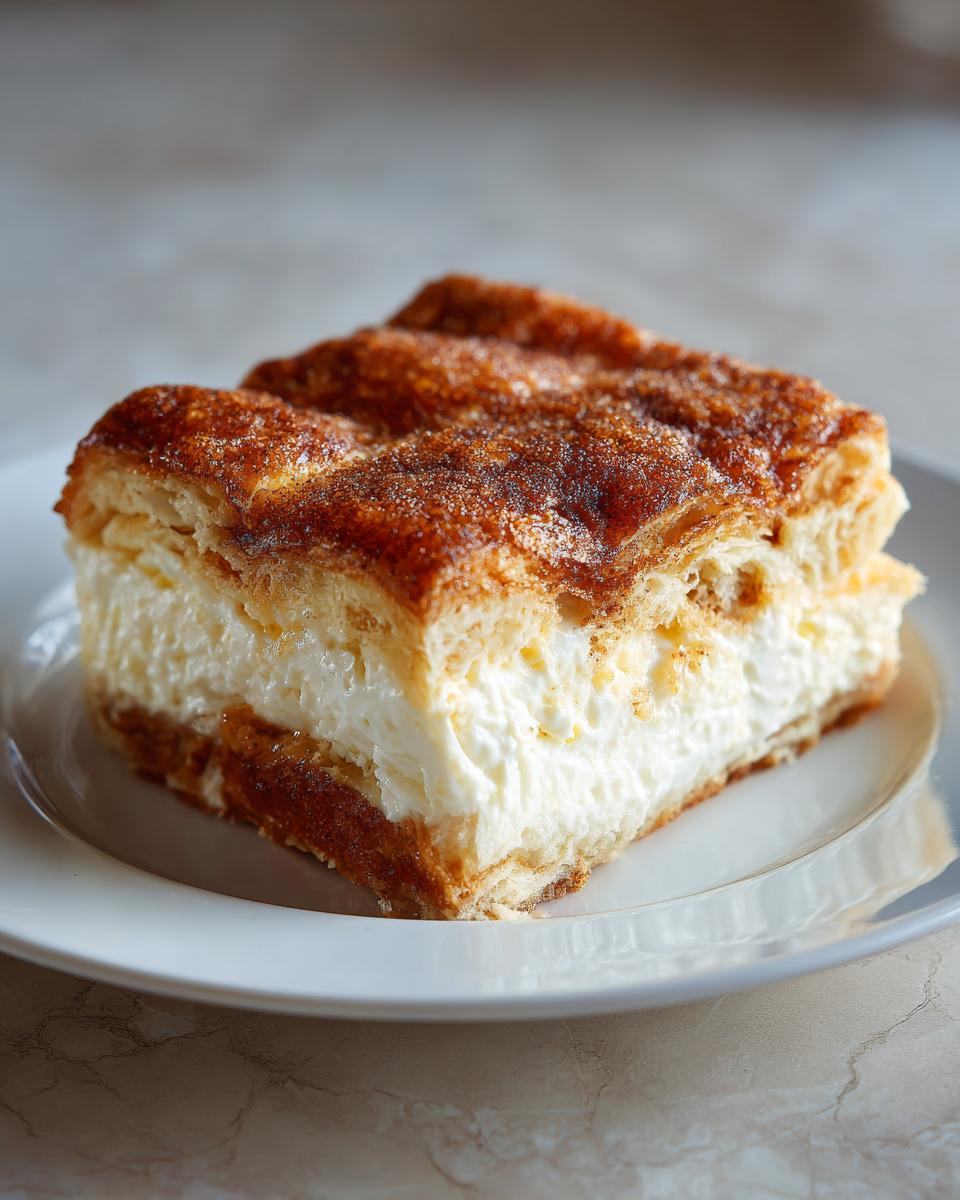A close-up of a thick slice of sopapilla cheesecake showing layers of flaky pastry, creamy filling, and a cinnamon sugar crust.