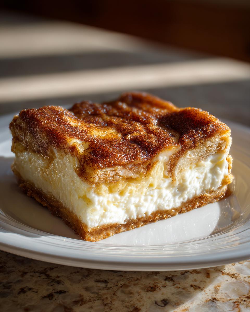 A close-up, sunlit slice of sopapilla cheesecake showing a thick, creamy white filling topped with cinnamon sugar.
