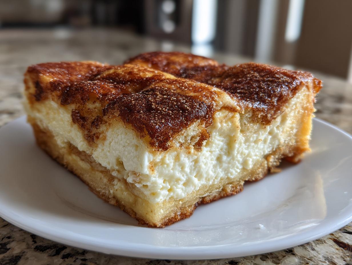Close-up of a thick, creamy slice of sopapilla cheesecake topped with a dark, sugary cinnamon crust.