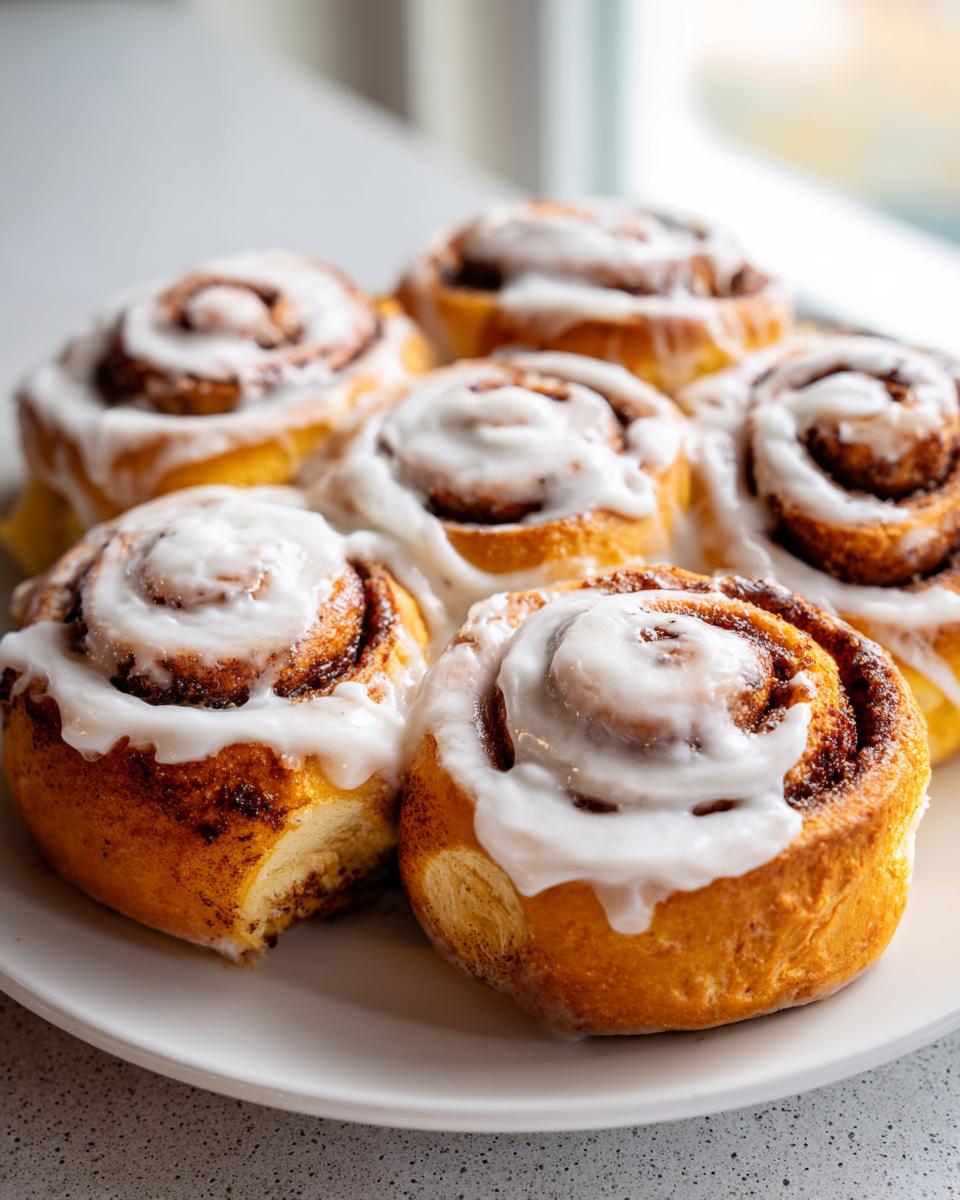 A close-up of several freshly baked sourdough discard cinnamon rolls topped with thick white icing, served on a white plate.